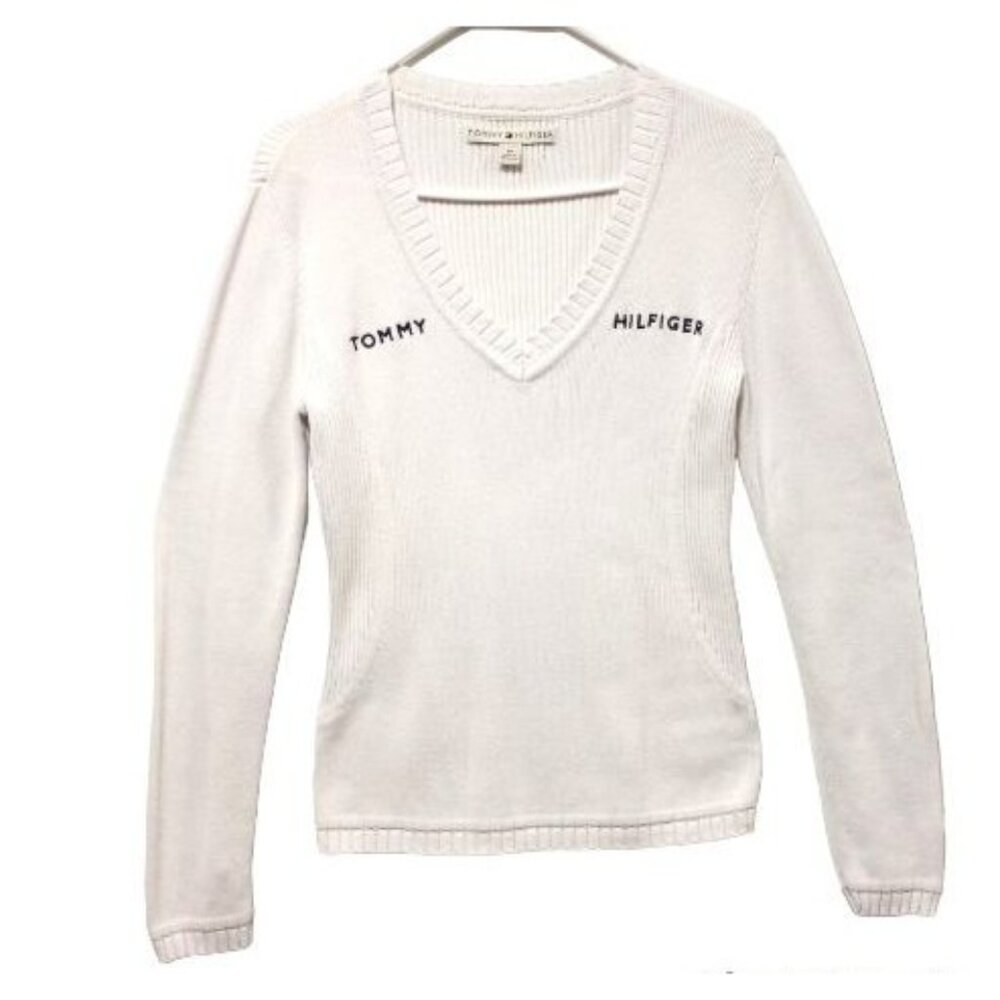 Tommy Hilfiger 100% Cotton Long Sleeve V-Neck Rib Preppy Sweater Gray Medium - Picture 3 of 13
